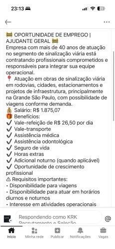 Oportuno de emprego com disponibilidade para viajar