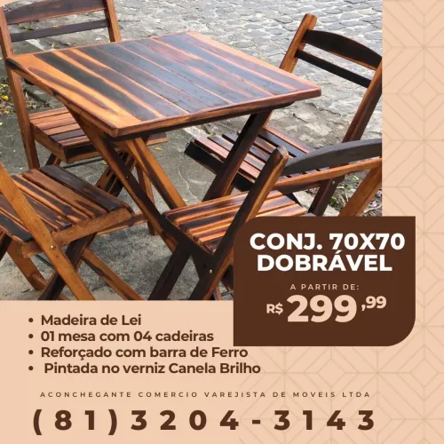 Mesa com 4 Cadeiras Dobráveis de Madeira 70x70