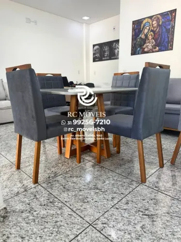 Mesa de jantar 1,20x0,80 Tampo Vidro + 4 Lugares Madeira Maciça
