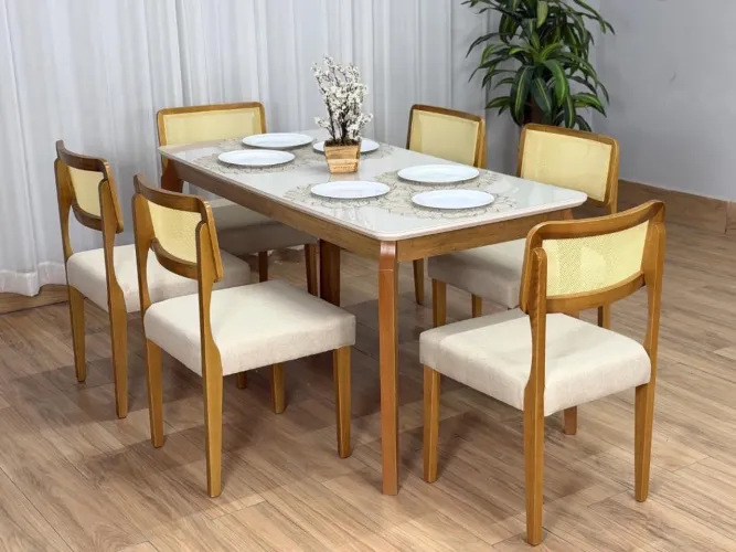 Mesa de Jantar Alegra c/Vidro 1.60×0.80 c/6 Cadeiras Fortaleza Entrega Rápida