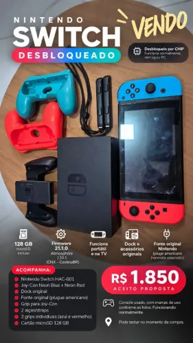 Nintendo Switch V1 Desbloqueado por Chip + 128GB + Dock + Acessórios