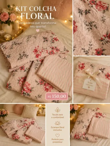 Colcha casal com duas fronhas gigantes floral