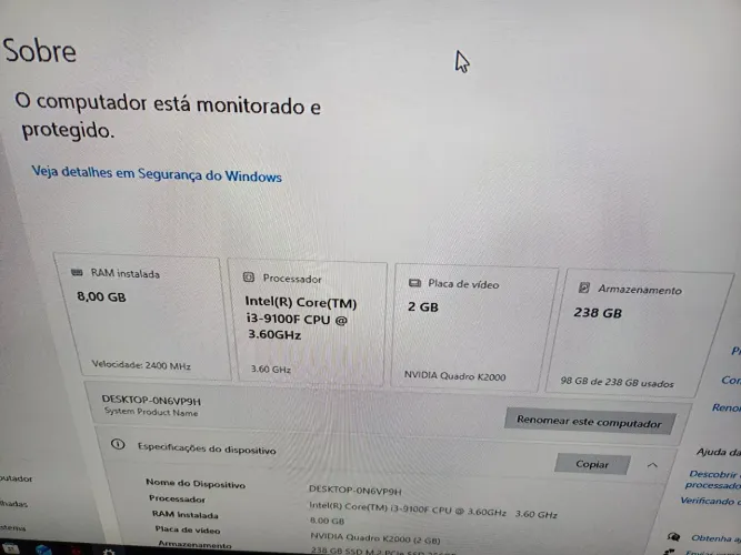 CPU I39100F 8GB RAM DDR4 PLACA DE VIDEO NVIDEO QUADRO K2000