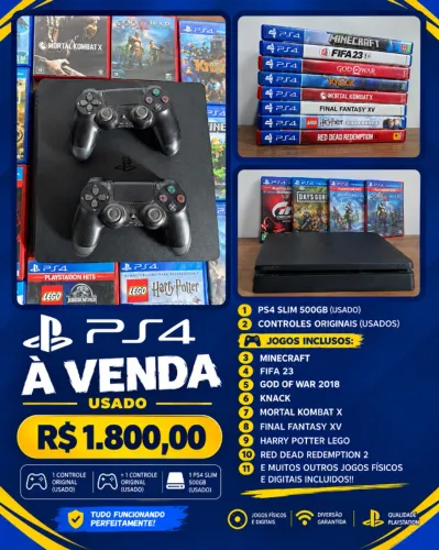 PS4 slim 500gb (usado)+25 jogos e 2 controles