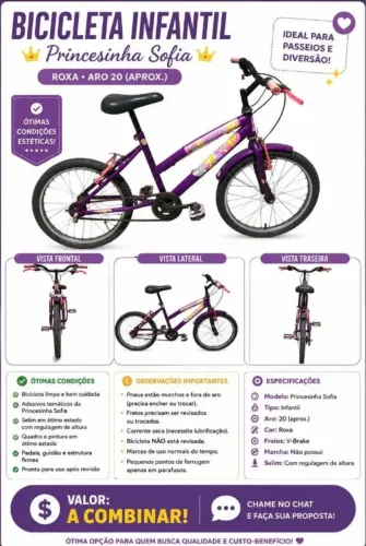 Bicicleta Infantil Princesinha Sofia Roxa - Valor Negociável 