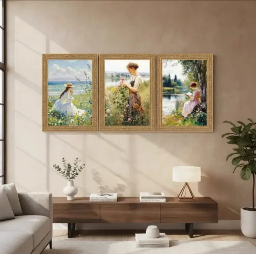 Kit de 3 quadros decorativos de paisagens de madeira pinus com adesivo