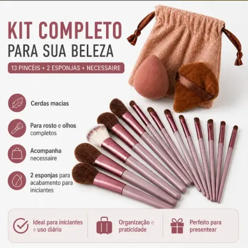 Kit Pincéis Maquiagem 13 Peças + 2 Esponjas Com Estojo