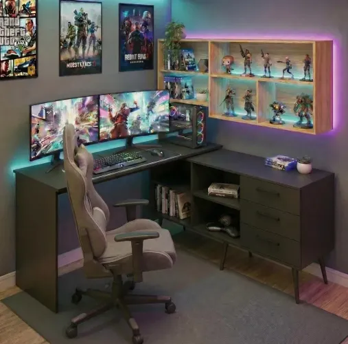 Mesa Gamer Em L Com 3 Gavetas Preto