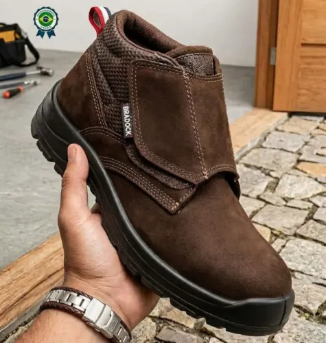 Botina De Segurança Couro Nobuck Marrom Biqueira PVC Fechamento Prático em Velcro - Bracol