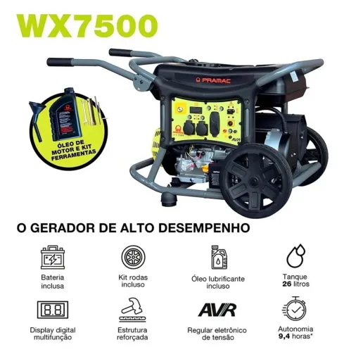 Gerador Gasolina 7,5kva C/ Bateria 4t Wx7500 Mono Biv Pramac