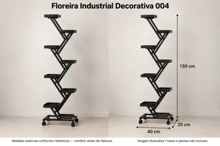 Floreira vertical industrial com 7 apoios e rodízios