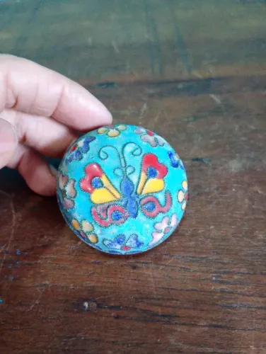 Antigo Porta Jóias Indiano de Bronze em Cloisone Tom de Azul
