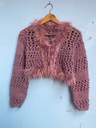 Casaco Cropped de Lã Rosa Feminino, Tam P