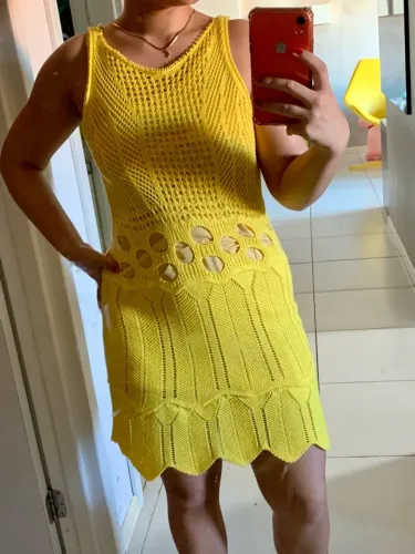 Vestido de Crochê Amarelo M Forro Por Baixo