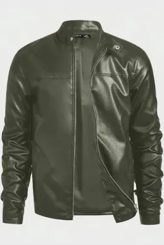 Jaqueta de Couro Verde Militar Masculina