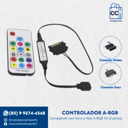 Controladora ARGB 5V de 3 Pinos para Cooler, Fan e Fita de LED - Conexão MOLEX/SATA
