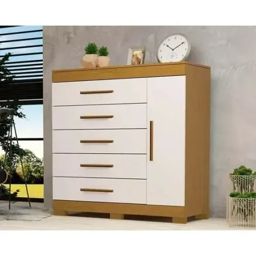 "Organização e Estilo: Cômoda 1 Porta e 5 Gavetas em 100% MDF com Puxadores de Madeira"