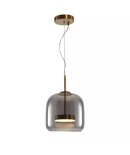 Pendente LED 8w 3000k acabamento dourado e vidro bronze.
