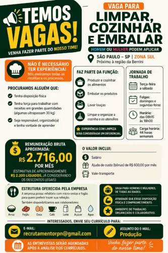 VAGA para: Limpar e Cozinhar e embalar!