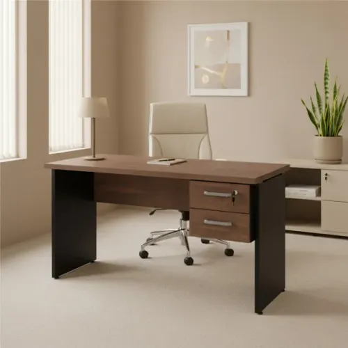 Mesa Escritório Pé Painel 135x60 Gavetas Marsala Preto Design Moderno 25421