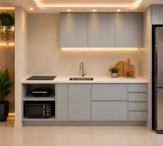 Cozinha S.07-02 - MDF 100% com Bancada em Quartzo Branco Zeus