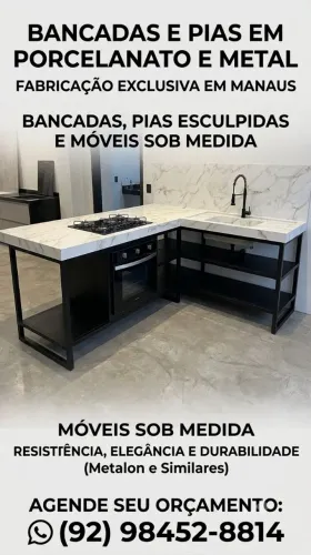 Ilha gourmet, balcão e pia em porcelanato, estrutura em aço. Alto padrão