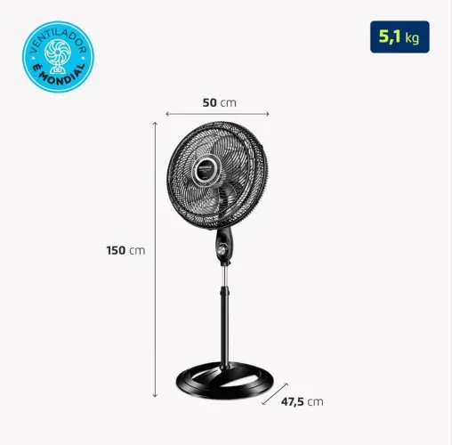 MONDIAL Ventilador Coluna, Turbo 8 Pás - 40cm, 110V, Preto/Prata, 140W - VTX-40C-8P