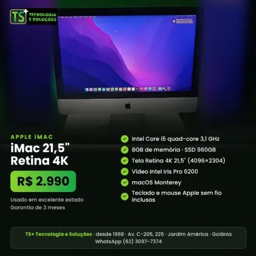 iMac 21,5 Retina 4K Intel i5 Quad-Core 8GB SSD 960GB com Teclado e Mouse