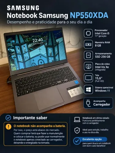 Notebook Samsung NP550XDA i5 11ª Geração, 8GB RAM, SSD 256GB (Sem Bateria)<br>
