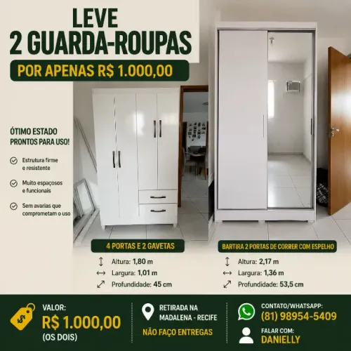 2 Guarda-Roupas por R$ 1.000 | 4 Portas + Bartira 2 Portas de Correr com Espelho
