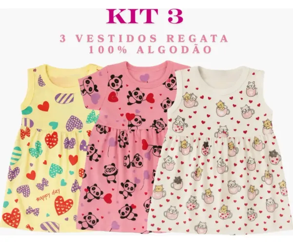 kit de 3 vestidos estampados bebê menina