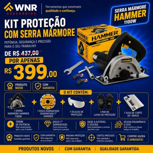Serra Mármore HAMMER + (KIT: Suporte de corte de ângulo 40 graus + Luva + Óculos + Disco) 
