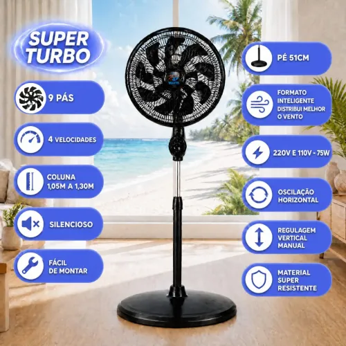 (NOVO LACRADO) VENTILADOR PEDESTAL 9 PÁS TURBO 4 VELOCIDADES SILENCIOSO 220V MAXTEL