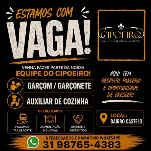 Vagas: Garçom/Garçonete e Auxiliar de Cozinha - Castelo