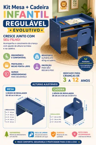 kit Mesa Grande Com Cadeira Infantil Com Regulagem - Cor Azul