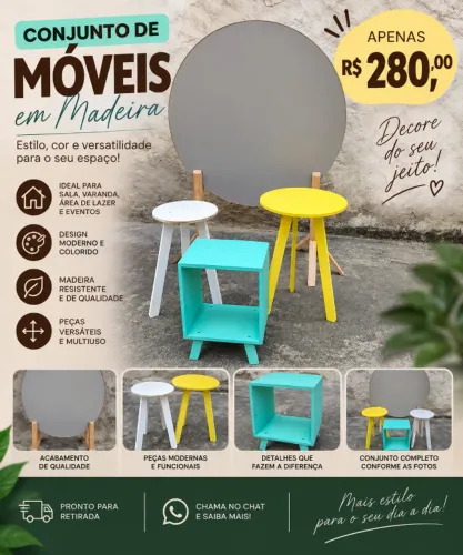 Conjunto de móveis decorativos em madeira
