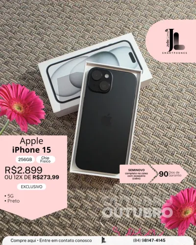 IPHONE 15, 5G, 256GB, CHIP FÍSICO, PRETO, NA CAIXA, SEMINOVO , EXCLUSIVO!