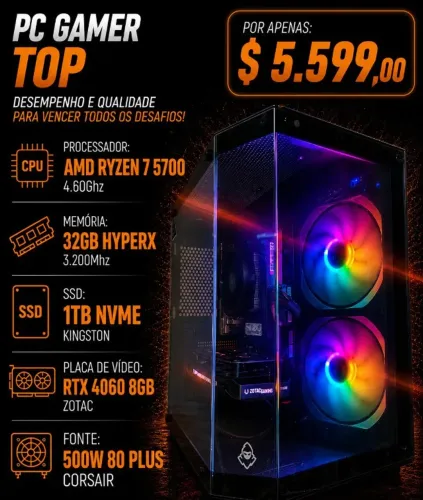 CPU Gamer Ryzen 7 5700 4.6Ghz / Mem 32Gb / SSD 1Tb Nvme / RTX 4060 8Gb (aceito cartão)