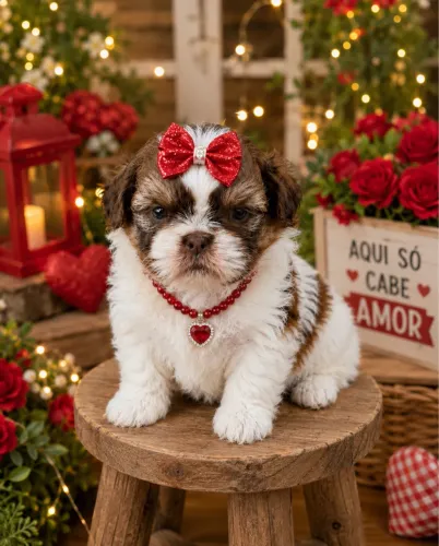Linda Shih tzu fêmea branca e chocolate para você! 