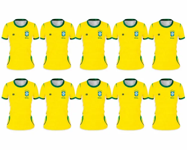 Kit 10 Camisas Feminina Baby Look Brasil Amarela Linha Nacional