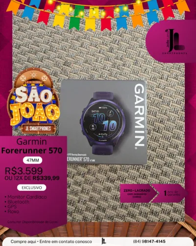 GARMIN FORERUNNER 570, 47MM, ROXO, LACRADO, EXCLUSIVO!