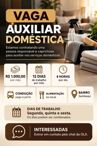 Vaga Auxiliar Doméstica - R$ 1.000 | 12 Dias/Mês
