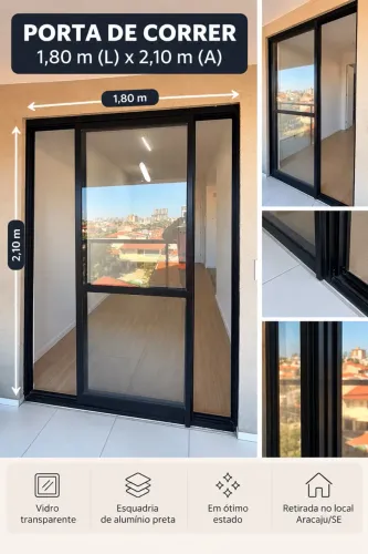 Porta de Correr de Vidro com Alumínio Preto - 1,80 x 2,10 m