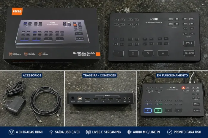 Mesa de Corte HDMI EZCAP QUADA Live Switch 4 Entradas - Completa na Caixa