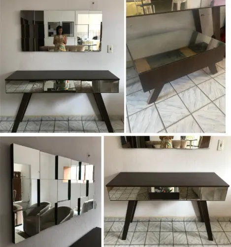 ESPELHO COM APARADOR E CENTRO DE SALA, SÃO TRÊS ITENS.