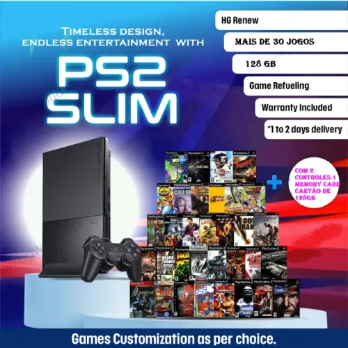 PlayStation 2 Slim desbloqueado sem leitor com mais de 80 jogos e 2 controles novos