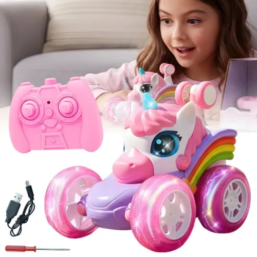 Carrinho de Controle Remoto Unicórnio 360 Brinquedo de Menina Carro Rosa Recarregável