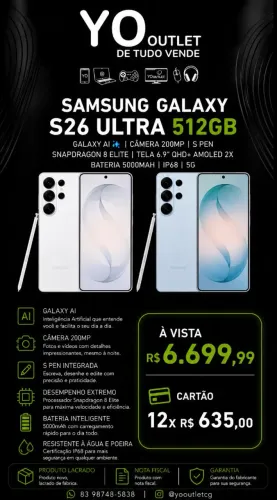 Samsun Galaxy S26 Ultra, 512GB, lacrado, nf e garantia. Branco e azul, entrega grátis