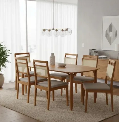 Mesa Serena Nogueira Tampo Laminado Nogueira 180cm 6 Cadeiras Marie Tela Sintetica