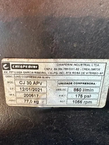 Compressor de Ar Alta Pressão CJ 30 Pés 250L 7.5CV 380 Volts Trifásico CHIAPERINI-00702